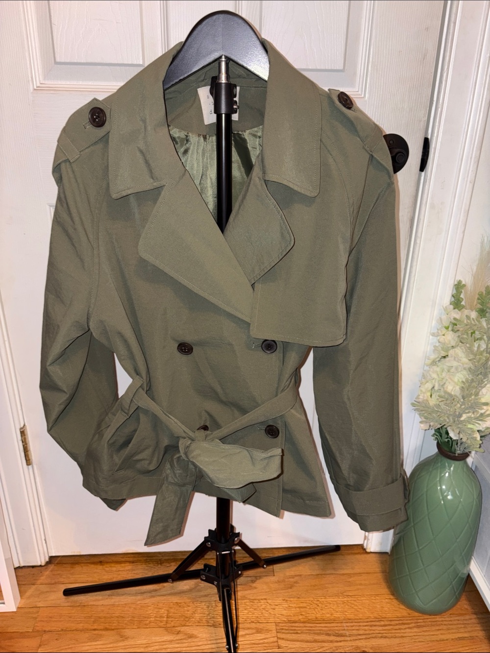 a new day short Olive Green Double-Breasted Trench Coat with Belt
